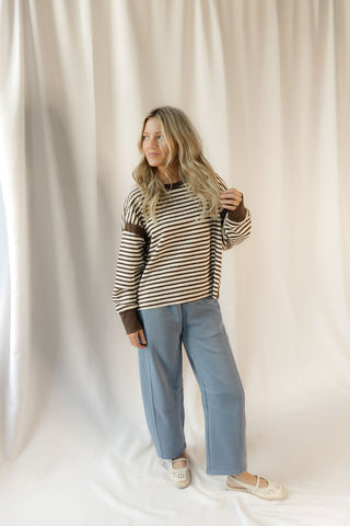 Ellie Stripe Contrast Trim Back Cut-Out Detail Knit Top, Mocha - The Red Thread Boutique
