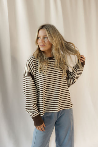 Ellie Stripe Contrast Trim Back Cut-Out Detail Knit Top, Mocha - The Red Thread Boutique