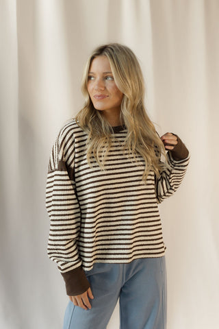 Ellie Stripe Contrast Trim Back Cut-Out Detail Knit Top, Mocha - The Red Thread Boutique
