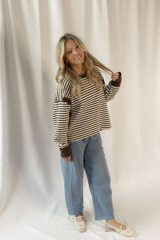 Ellie Stripe Contrast Trim Back Cut-Out Detail Knit Top, Mocha - The Red Thread Boutique