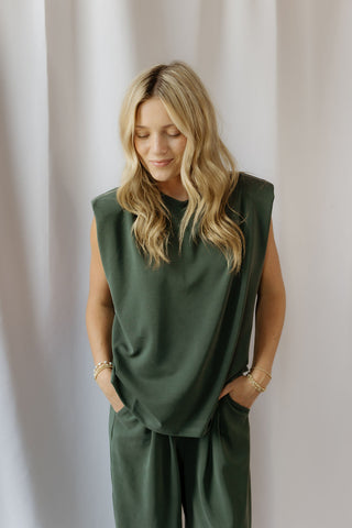 Nora Padded Shoulder Tee, Forest Green - The Red Thread Boutique
