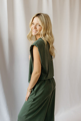 Nora Padded Shoulder Tee, Forest Green - The Red Thread Boutique