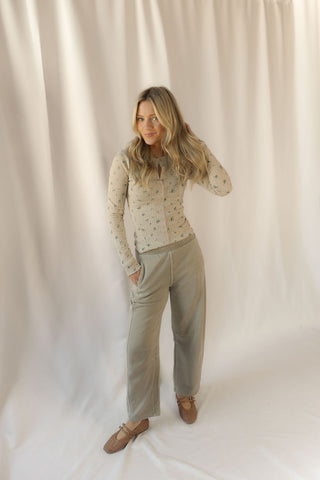 Jordan Floral Snap Front Long Sleeve Waffle Knit Top, Khaki - The Red Thread Boutique