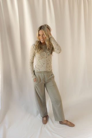 Jordan Floral Snap Front Long Sleeve Waffle Knit Top, Khaki - The Red Thread Boutique