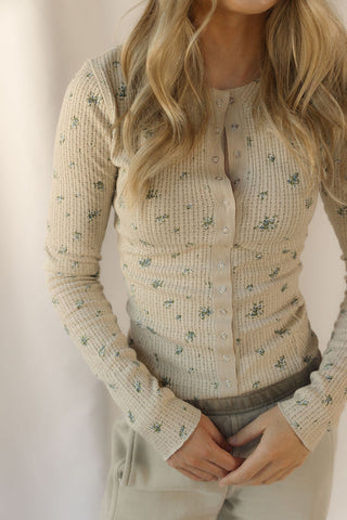 Jordan Floral Snap Front Long Sleeve Waffle Knit Top, Khaki - The Red Thread Boutique