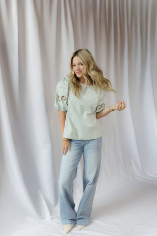 Paige Eyelet Top, Sage - The Red Thread Boutique