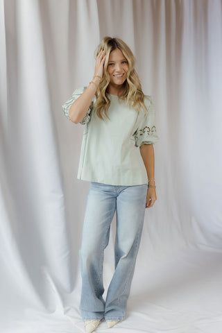 Paige Eyelet Top, Sage - The Red Thread Boutique