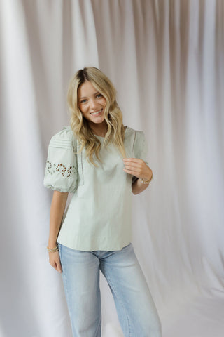 Paige Eyelet Top, Sage - The Red Thread Boutique