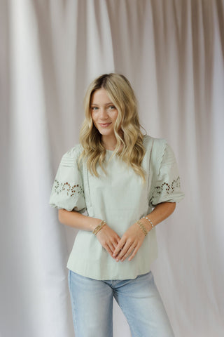Paige Eyelet Top, Sage - The Red Thread Boutique