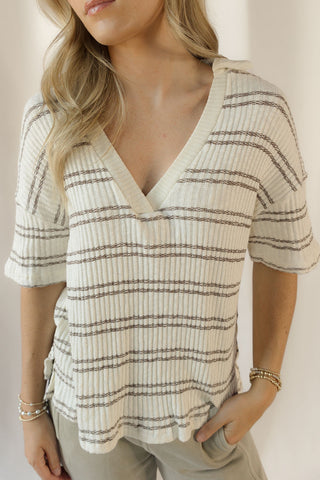 Tilly Marled Stripe Collared Short Sleeve Knit Top, Dark Brown - The Red Thread Boutique