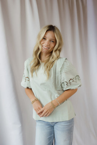 Paige Eyelet Top, Sage - The Red Thread Boutique
