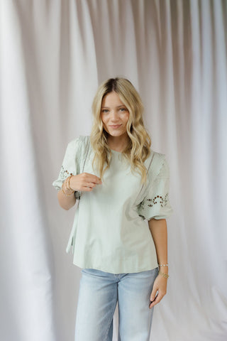 Paige Eyelet Top, Sage - The Red Thread Boutique