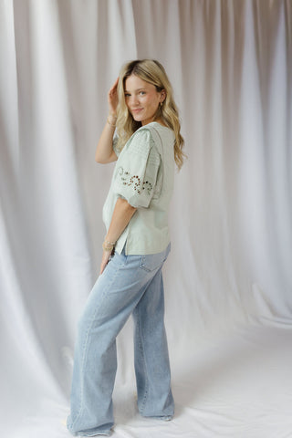 Paige Eyelet Top, Sage - The Red Thread Boutique