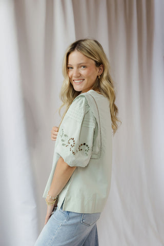 Paige Eyelet Top, Sage - The Red Thread Boutique