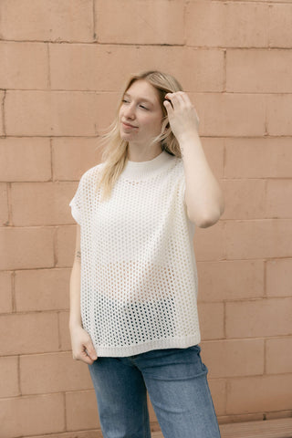 Open Knit Crew Sweater, White - The Red Thread Boutique
