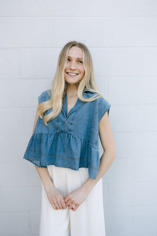 Notched Collar Denim Top