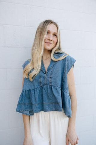 Notched Collar Denim Top