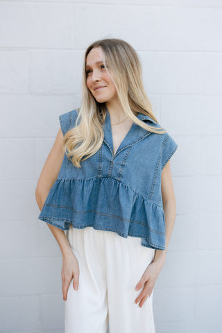 Notched Collar Denim Top