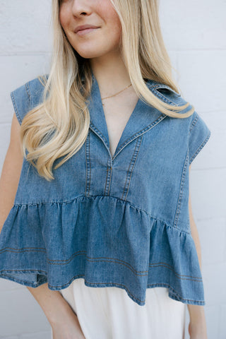 Notched Collar Denim Top