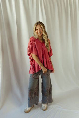 Shea Hooded Ruffle Short Sleeve Sweatshirt, Boho Red - The Red Thread Boutique