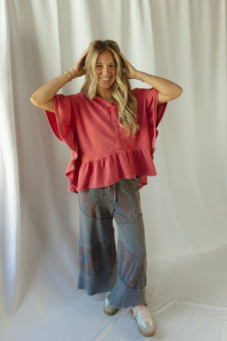 Shea Hooded Ruffle Short Sleeve Sweatshirt, Boho Red - The Red Thread Boutique
