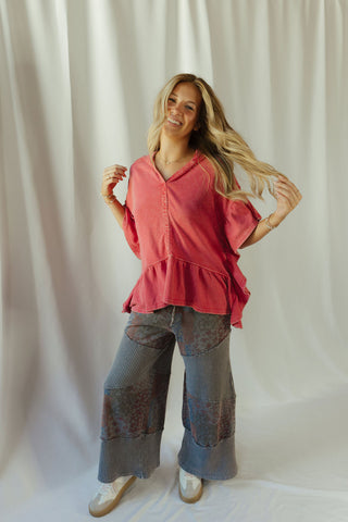 Shea Hooded Ruffle Short Sleeve Sweatshirt, Boho Red - The Red Thread Boutique