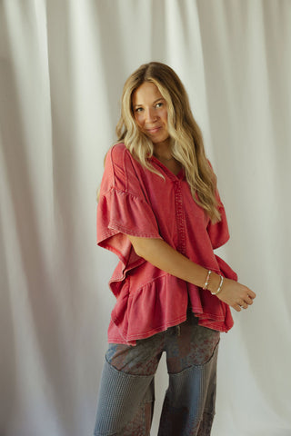 Shea Hooded Ruffle Short Sleeve Sweatshirt, Boho Red - The Red Thread Boutique