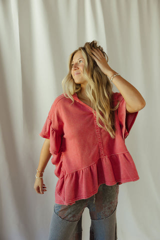 Shea Hooded Ruffle Short Sleeve Sweatshirt, Boho Red - The Red Thread Boutique