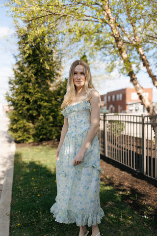 Floral Contrast Strap Midi Dress, Blue