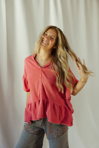 Shea Hooded Ruffle Short Sleeve Sweatshirt, Boho Red - The Red Thread Boutique