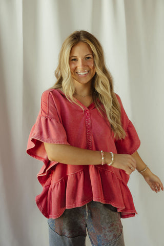 Shea Hooded Ruffle Short Sleeve Sweatshirt, Boho Red - The Red Thread Boutique