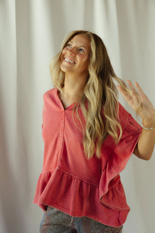 Shea Hooded Ruffle Short Sleeve Sweatshirt, Boho Red - The Red Thread Boutique