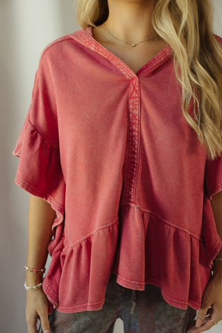 Shea Hooded Ruffle Short Sleeve Sweatshirt, Boho Red - The Red Thread Boutique