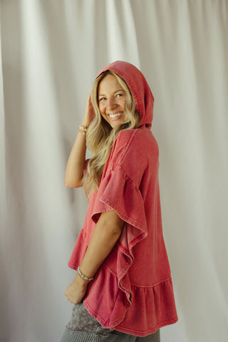 Shea Hooded Ruffle Short Sleeve Sweatshirt, Boho Red - The Red Thread Boutique