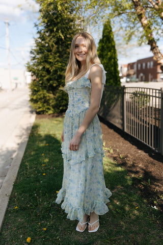 Floral Contrast Strap Midi Dress, Blue