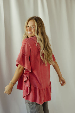 Shea Hooded Ruffle Short Sleeve Sweatshirt, Boho Red - The Red Thread Boutique