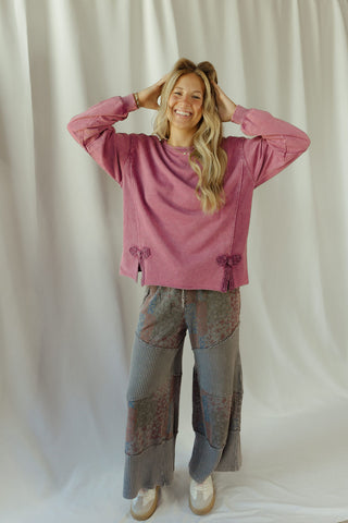 Crochet Bow Sweatshirt, Mulberry - The Red Thread Boutique