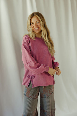 Crochet Bow Sweatshirt, Mulberry - The Red Thread Boutique