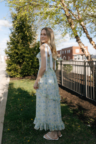 Floral Contrast Strap Midi Dress, Blue