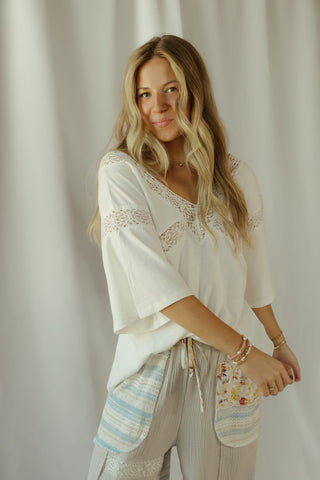 Lace Trim V Neck, White - The Red Thread Boutique
