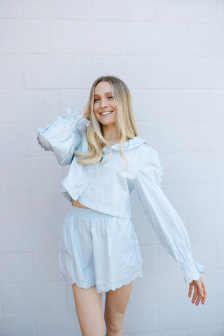 Scallop V Neck Set, Lt Blue