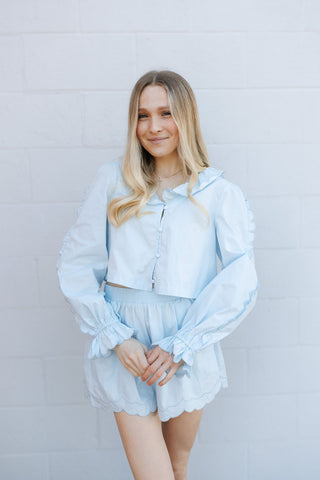 Scallop V Neck Set, Lt Blue