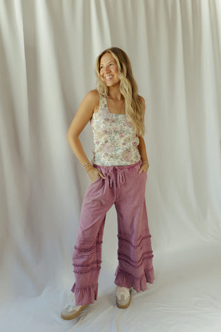 Vayda Ruffle Trim Pants, Raspberry - The Red Thread Boutique