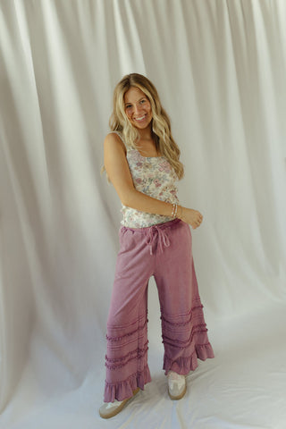 Vayda Ruffle Trim Pants, Raspberry - The Red Thread Boutique