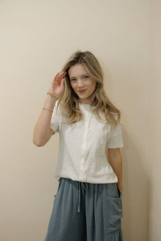 The Rachel Button Front Lace Top, Off White - The Red Thread Boutique