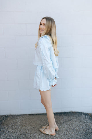 Scallop V Neck Set, Lt Blue