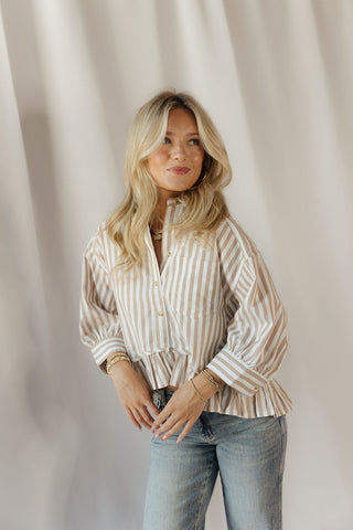 Harper Stripe Button Up, Taupe