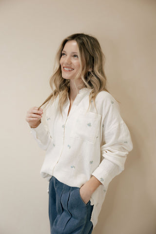 Willow Shirt, Ivory Blue Floral - The Red Thread Boutique