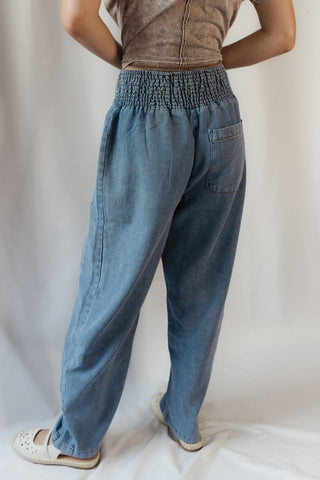 Smocked Waist Pocket Detail Denim Pants