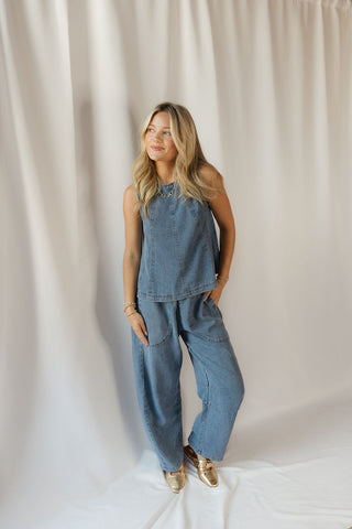 Smocked Waist Pocket Detail Denim Pants